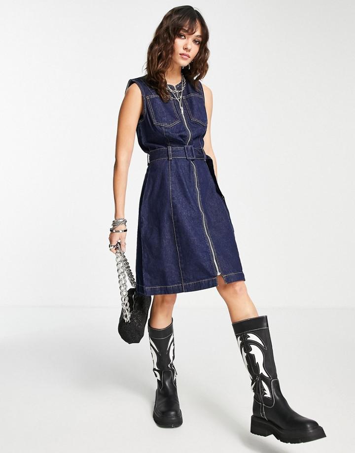 Object 70's Pinafore Denim Dress In Dark Blue-navy