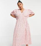 Only Curve Midi Tea Dress With V-neck In Pink Floral Print