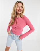 Asos Design Crew Neck Cardigan In Bright Pink-yellow