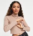 Asos Design Petite Roll Neck Crop Top In Rib In Sand-neutral