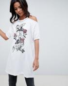 Religion Cold Shoulder Dress With Floral Detail - White
