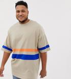 Asos Design Plus Organic Oversized Super Longline T-shirt With Half Sleeve With Bright Contrast Panels In Beige - Beige