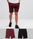 Asos Jersey Skinny Shorts 2 Pack Black/burgundy Save - Multi