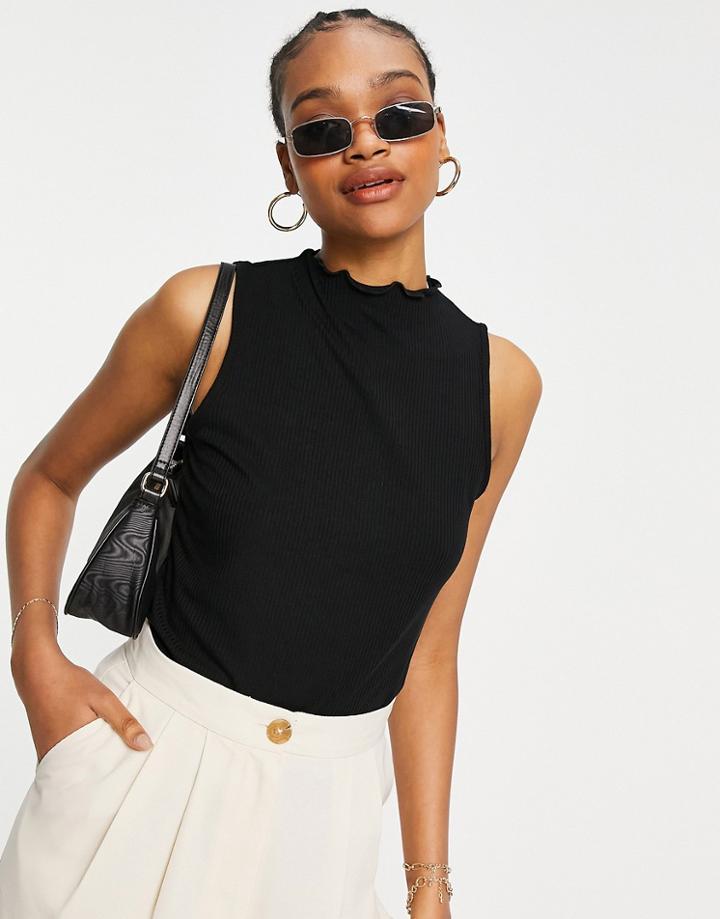 Vero Moda Ribbed High Neck Top With Lettuce Hem In Black