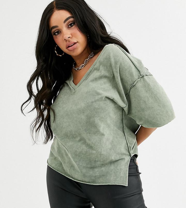 Asos Design Curve T-shirt With Raw Seams And V-neck In Washed Khaki-green