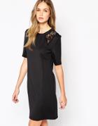 Selected Dress With Lace Shoulder Inserts - Black