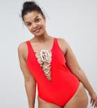 Brave Soul Plus Size Tie Front Swimsuit - Red