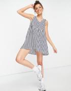 Asos Design Bunny Tie Shoulder Mini Smock Dress In Navy And White Stripes