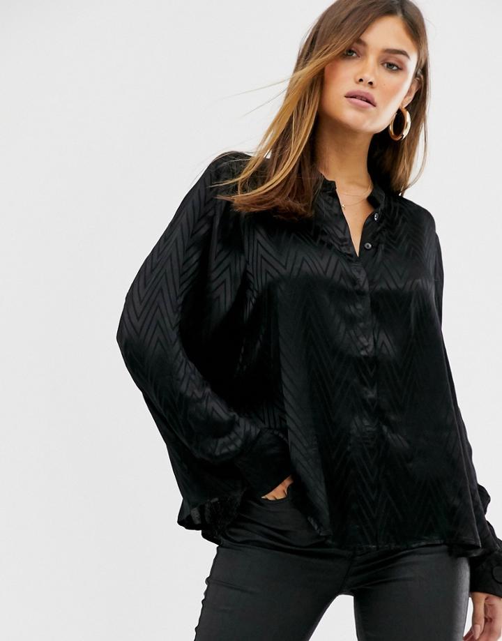 Y.a.s Balloon Sleeve Shirt In Ziz Zag Texture-black
