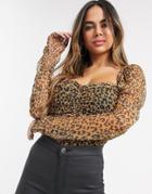 Missguided Ruched Mesh Top In Leopard Print-multi