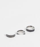 Asos Design 3 Pack Stainless Steel Band Ring Set With Crosses And Emboss In Silver Tone