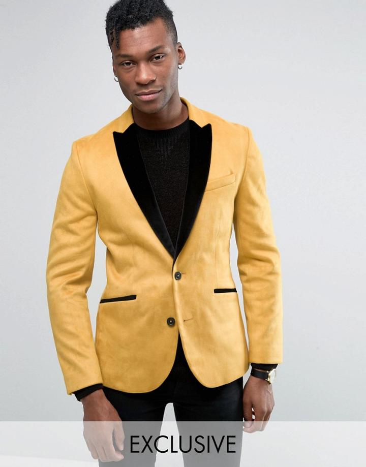 Religion Skinny Blazer In Velvet With Contrast Lapel - Gold