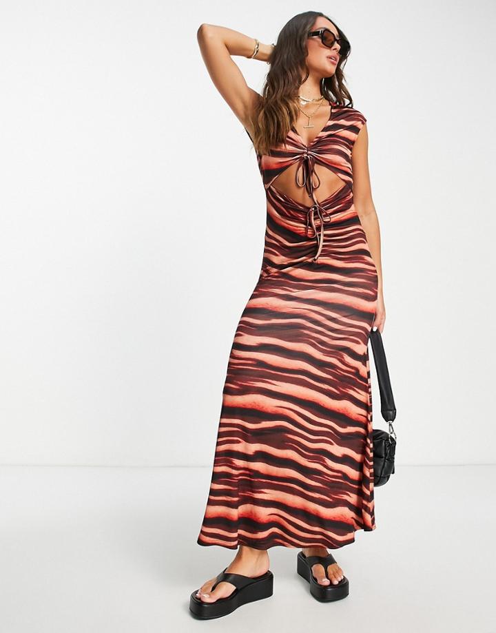 Asos Design Sleeveless Midi Dress With Ruching Detail And Cut-out In Orange Tiger Print-multi