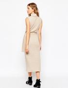 Asos Roll Neck Midi Dress In Knitted Rib With D-ring - Camel