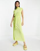 River Island Tie Waist Plisse Column Midi Dress In Lime-green