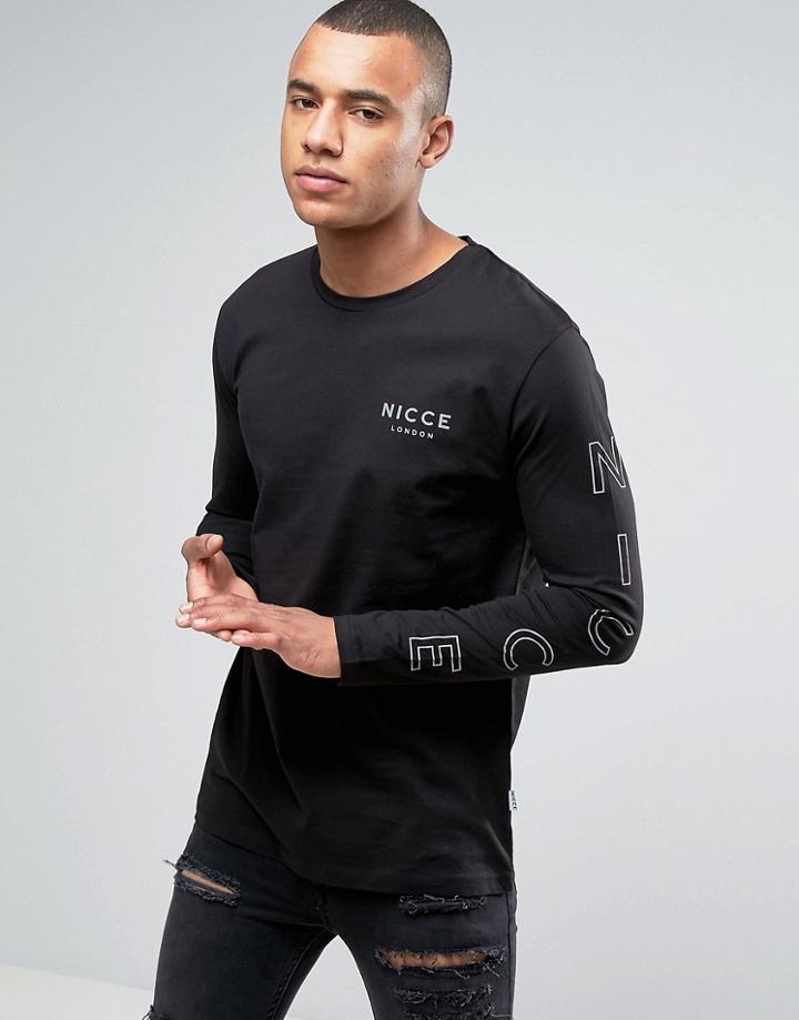 Nicce London Long Sleeve T-shirt In Black With Reflective Sleeve Print - Black