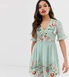 Asos Design Petite Embroidered Mini Dress With Lace Trims - Green