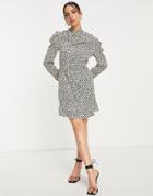 Ax Paris High Neck Puff Sleeved Mini Dress In All Over Animal Print-multi