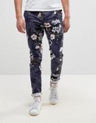 Asos Skinny Pants In Blue Floral Camo Print - Navy