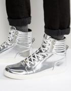 Asos High Top Sneakers In Silver Metallic With Zips - Silver