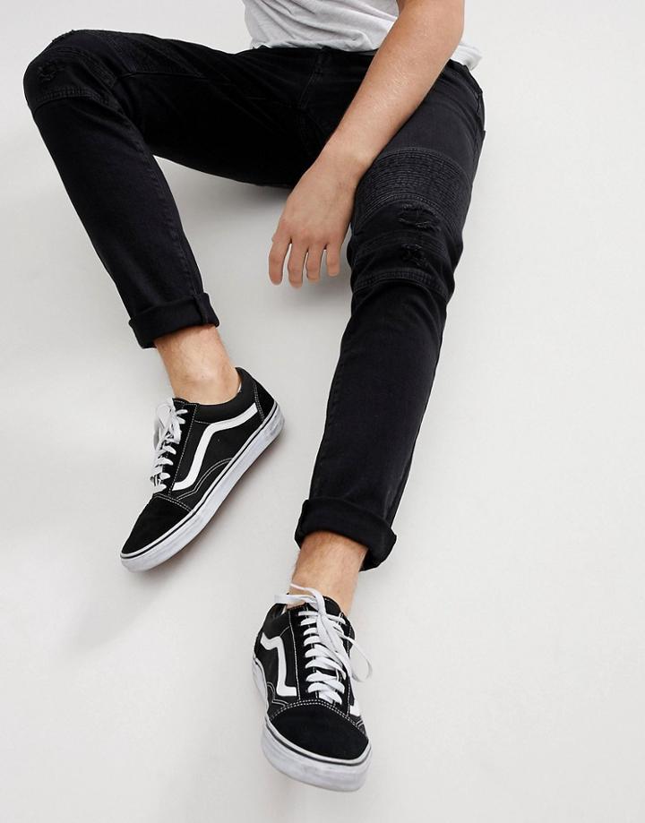 Only & Sons Skinny Jeans With Distressed Biker Knees - Black