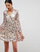 Club L Rose Gold Mini Disc Sequins Wrap Over Skater Dress - Gold