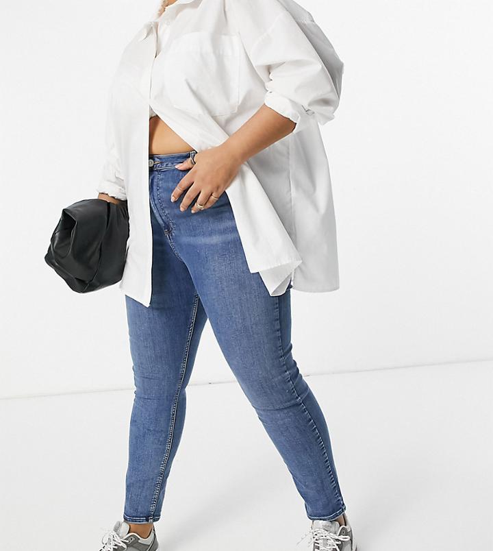 Asos Design Curve High Rise 'lift And Contour' Skinny Jeans In Midwash-blues