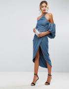 Asos One Shoulder Velvet Drape Midi Dress - Blue