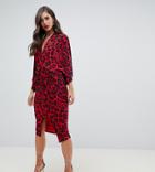 Flounce London Tall Kimono Wrap Front Midi Dess In Red Animal - Red