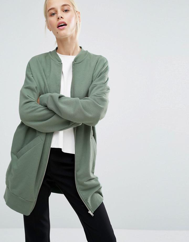 Monki Longline Jersey Bomber Jacket - Green