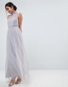 Asos Embellished Waist High Neck Tulle Maxi Dress - Gray