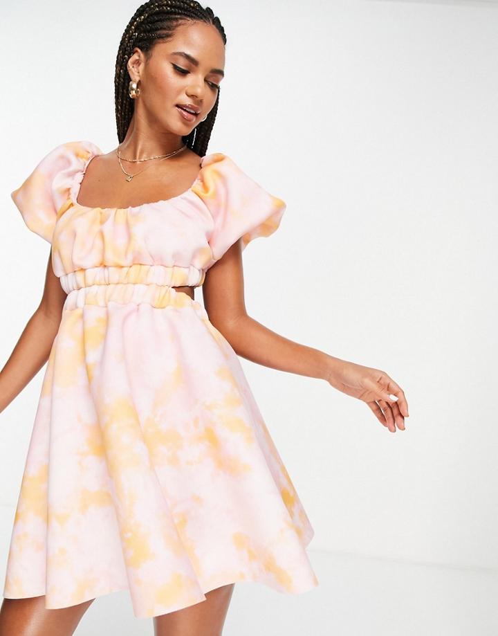 Asos Design Bubble Smock Open Back Mini Skater Dress In Tie Dye Print-multi