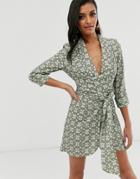 Asos Design Mini Tux Dress With Ruched Sleeve In Monogram Print - Multi