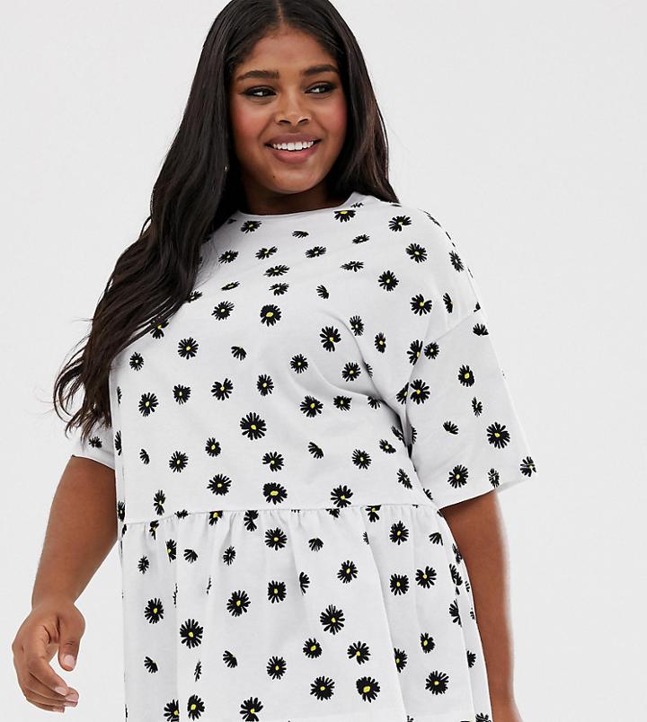Asos Design Curve Smock Top In Ditsy Print-white