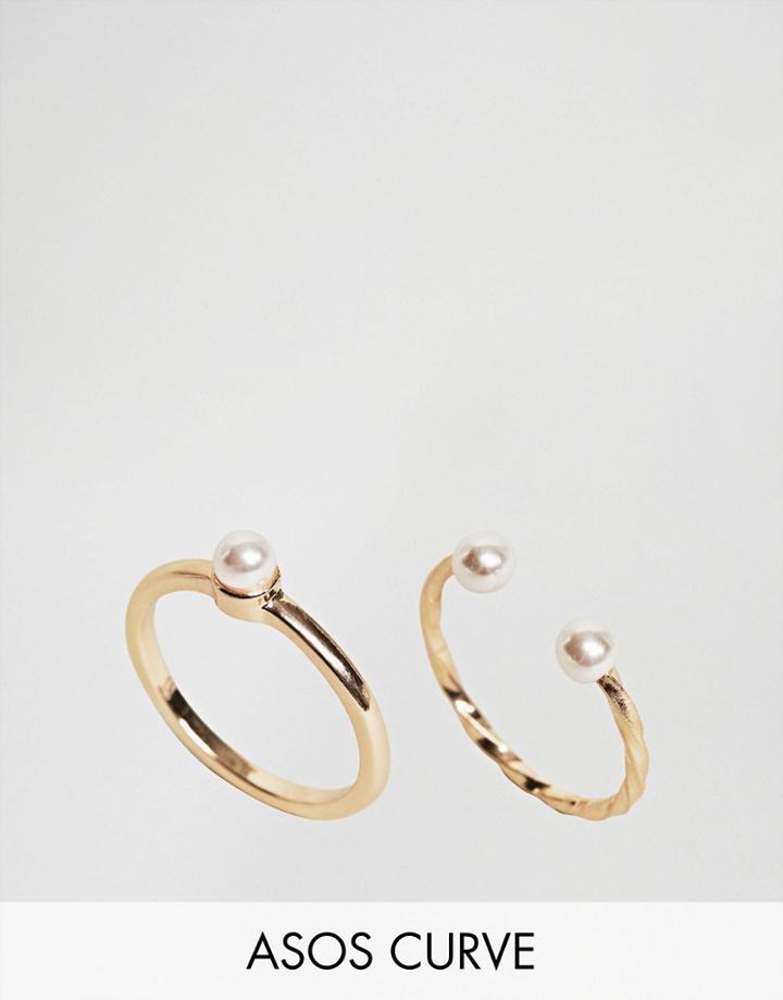 Asos Curve Pack Of 2 Vintage Style Pearl Rings - Gold