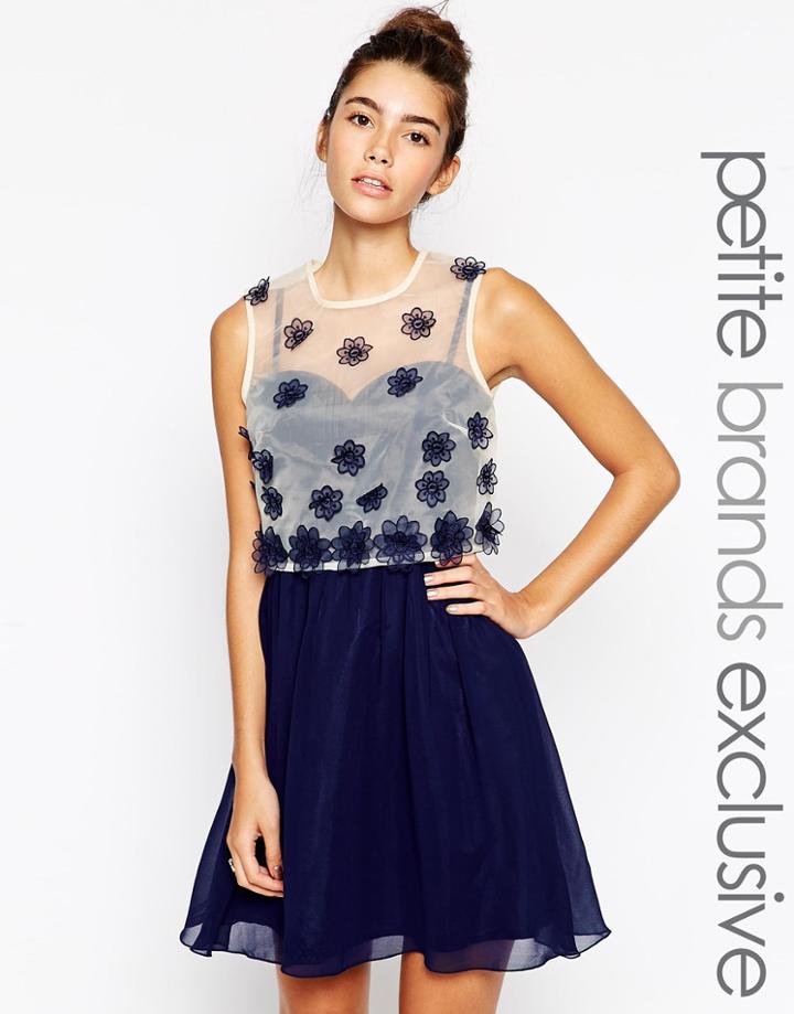 Little Mistress Petite Sheer Overlay Floral Applique Prom Dress