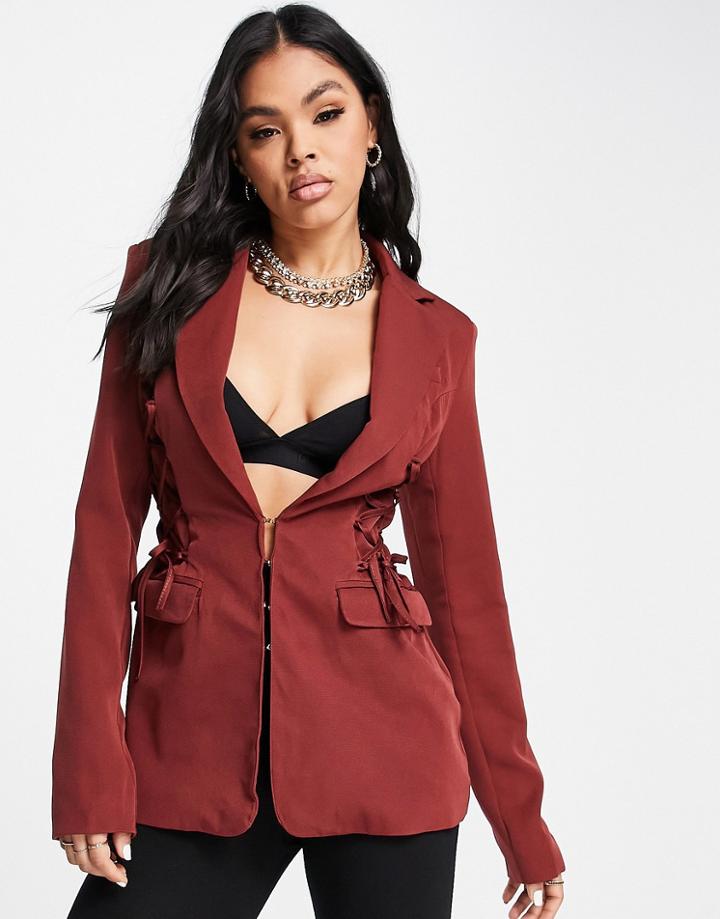 Club L London Lace Up Detail Blazer In Brown - Part Of A Set