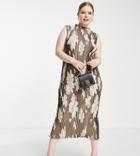 Asos Design Curve Satin Plisse Midi Dress With High Neck In Floral Print-multi