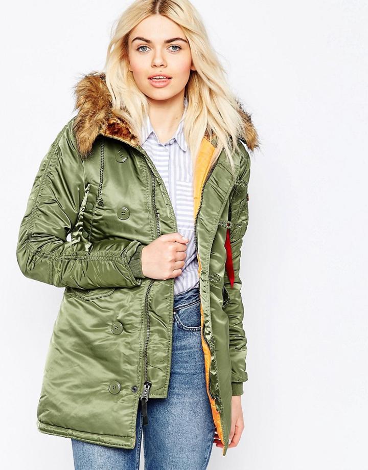 Alpha Industried N3b Parka With Faux Fur Hood And Contrast Lining - Green