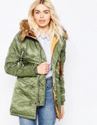 Alpha Industried N3b Parka With Faux Fur Hood And Contrast Lining - Green