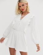 Asos Design Lace Up Romper With Ruffle Detail-white