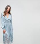 Little Mistress Tall Wrap Front Midi Dress With Lace Pleated Skirt - Blue