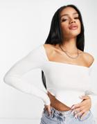 Asos Design Long Sleeve Top With Square Neck And Scarf Hem In Cream-white