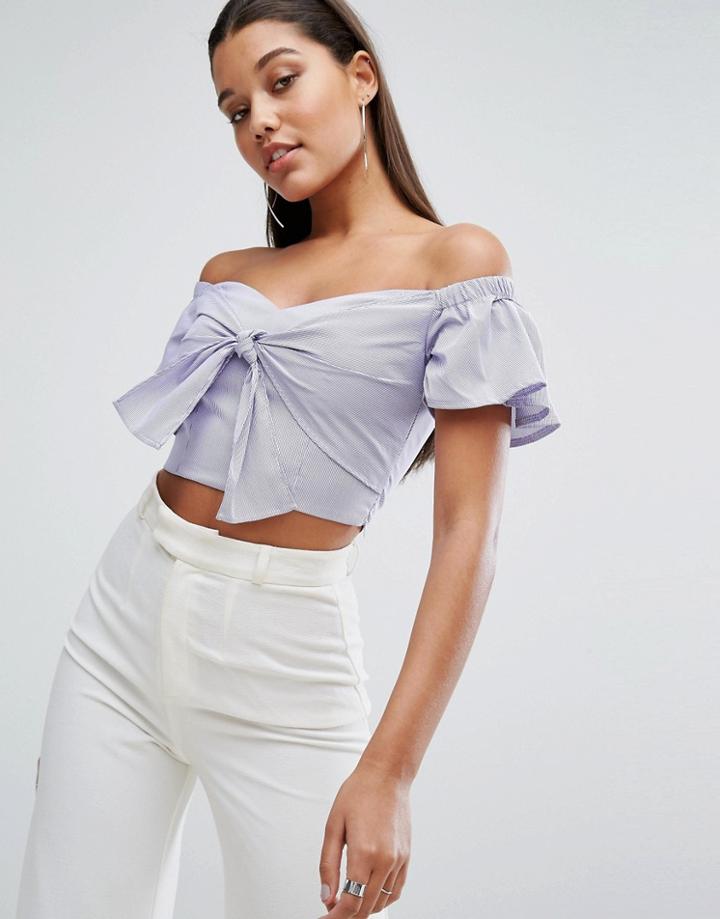 Parallel Lines Off Shoulder Crop Top - Blue