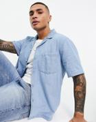 Asos Design Boxy Denim Shirt With Revere Collar In Blue-blues