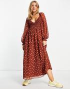 Asos Design Textured Shirred Wrap Ruffle Waist Maxi Dress In Brown Dot-multi