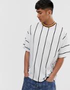 Asos Design Oversized T-shirt In Vertical Stripe With Color Neck Tipping-white