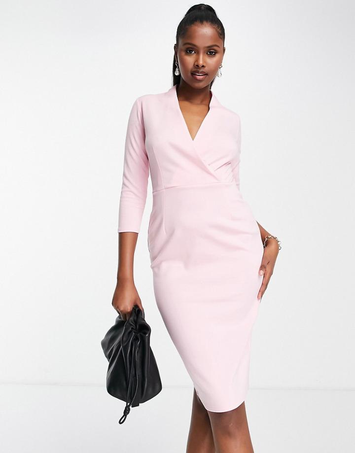 Closet London Wrap Front Scuba Midi Pencil Dress In Pink