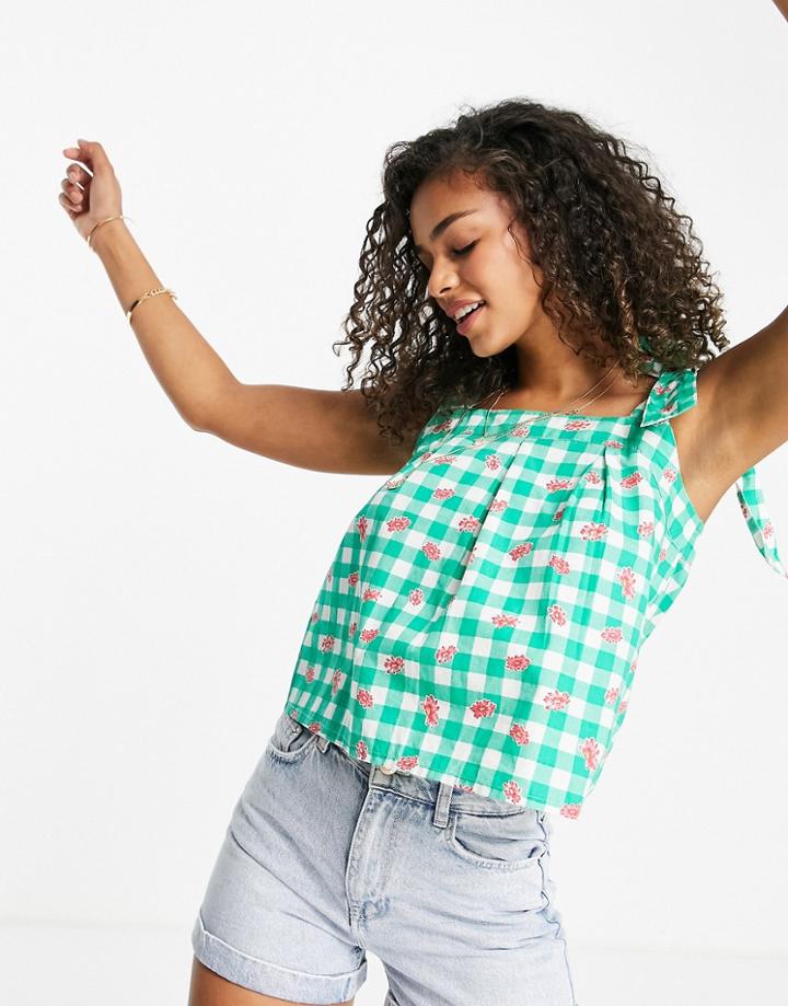 Influence Tie Strap Top In Green Gingham With Floral-multi