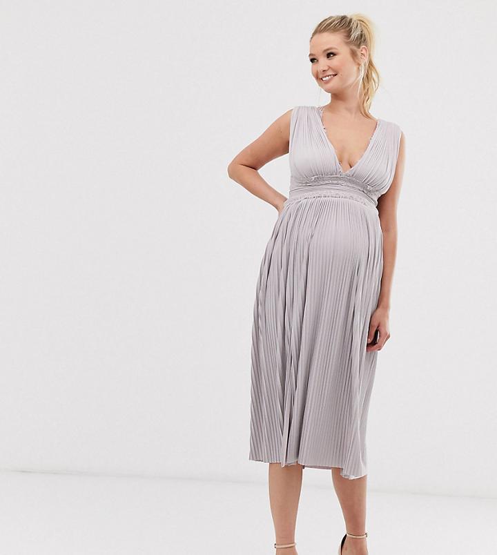 Asos Design Maternity Premium Lace Insert Pleated Midi Dress-pink